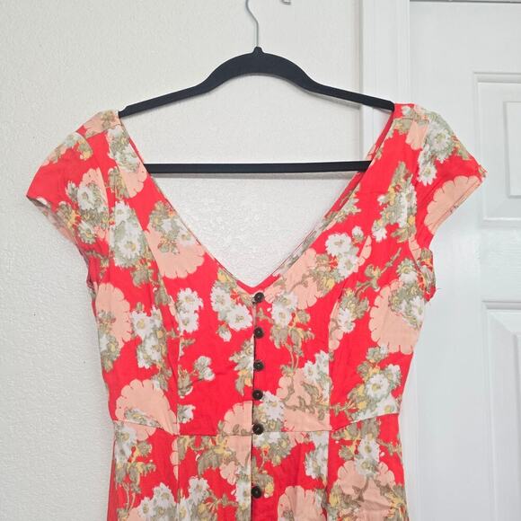 Urban Outfitters Coral Floral Babydoll Midi Dress V-Neck Cap Sleeve Button Sz XS - Picture 5 of 11